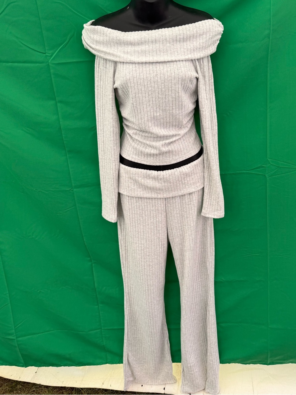 Ribbed Off Shoulder Lounge Set Grey Matching Top & Wide Leg Pants Size S